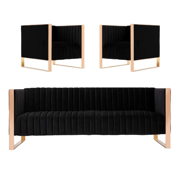 Manhattan Comfort Trillium Sofa and Armchair in Black and Rose Gold, PK3 3A-SS559-BK - main